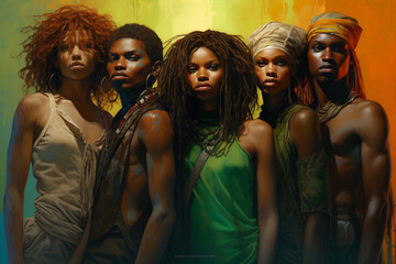 Persons with natural hairstyles against an abstract fiery background. Black History Month concept. Celebrated annually in February in the USA and Canada