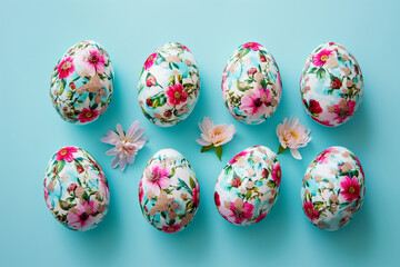 flat lay composition from Easter eggs with flower pattern and spring flowers on blue background.