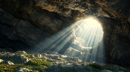 CInematic view of Empty easter christian tomb, easter empty tomb with sunrays coming in as a symbol of "he is risen". 
