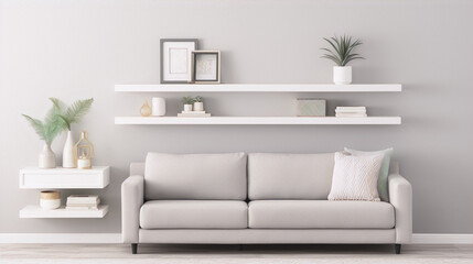 3d illustration of a modern living room interior with sofa, shelves, plants and decoration in white and neutral colors - obrazy, fototapety, plakaty