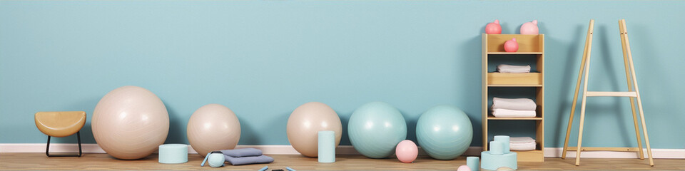 3D rendering of a room with exercise balls, yoga mats, and other fitness equipment in pastel colors against a blue background.