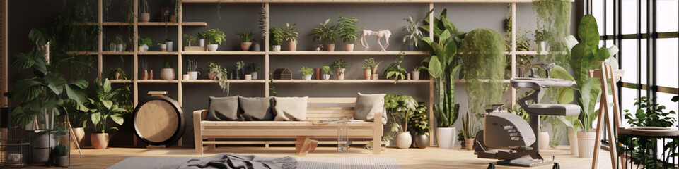 3d rendering of a living room with a lot of plants, wooden furniture, and a large window. - obrazy, fototapety, plakaty