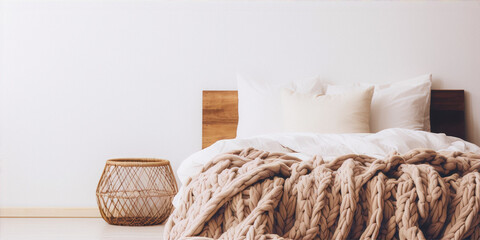 Minimalistic bedroom interior with white walls, wooden headboard, cozy bedding and big wicker basket.
