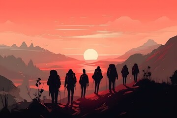 Group of hikers or tourists with backpacks walks in mountains at sunset. Generative AI