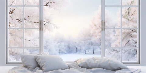 Winter landscape with snow-covered trees seen through a window. - obrazy, fototapety, plakaty