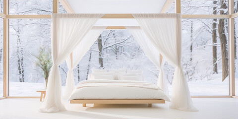 Minimalist bedroom with a view of the snowy forest.