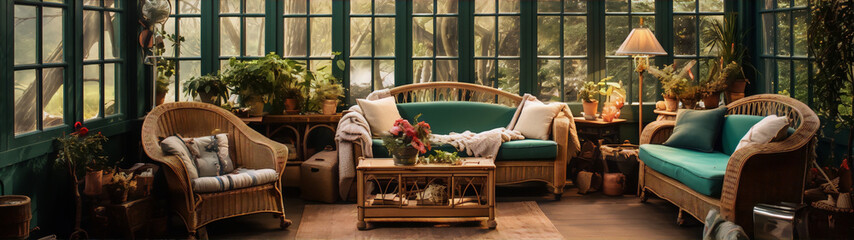Living room with green wicker furniture and plants in front of large windows - obrazy, fototapety, plakaty