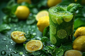 A refreshing citrus fusion of tangy key lime, sweet meyer lemon, and zesty persian lime creates a vibrant green drink adorned with lemon peel and leaves, perfect for quenching your thirst on a hot su - obrazy, fototapety, plakaty