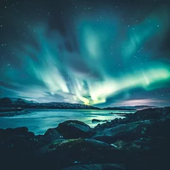 Foto auf Acrylglas Majestic Northern Lights Over Serene Snowy Landscape © HustlePlayground