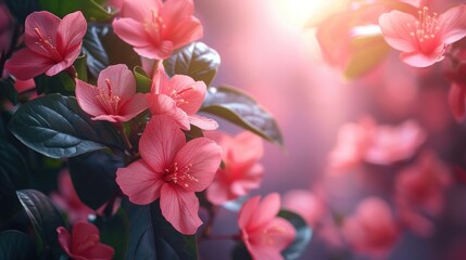 Fototapeta premium Cluster of Pink Flowers Surrounded by Green Leaves