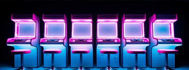 Foto op Plexiglas Retro neon arcade game machines with stools in a dark room © amiraaziadi