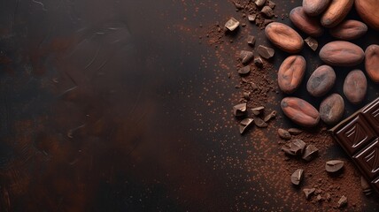 Cocoa beans and chocolate on a dark surface