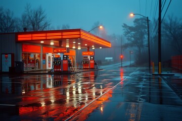 In the wet winter night, a red-lit gas station reflects in the water as rain falls upon the city streets, with a lone tree standing guard against the dark sky - obrazy, fototapety, plakaty