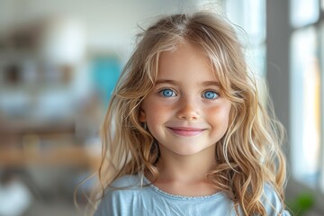A playful toddler with sparkling blue eyes and a smattering of freckles on her rosy cheeks exudes innocence and charm in a portrait capturing her joyful spirit and adorable blond curls - obrazy, fototapety, plakaty