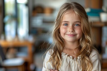 A young girl with a warm smile and flowing blonde hair sits among elegant furniture, her blue eyes shining with joy as she poses for a beautiful indoor portrait - obrazy, fototapety, plakaty