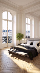 Parisian luxury bedroom interior with large windows and parquet floor