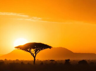 African savanna panoramic landscape photography at sunset. Travel background with copy space.