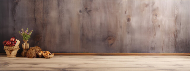 Still life photography of a wooden table against a wood grain background in warm tones.