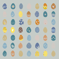 45 hand drawn Easter eggs vector collection.Easter egg icons set.  Colorful doodle style Easter eggs on isolated background.