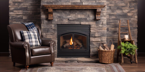 A leather armchair sits in front of a stone fireplace with a burning fire inside it.