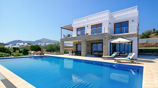 The view of the villa with the swimming pool is beautiful and clean