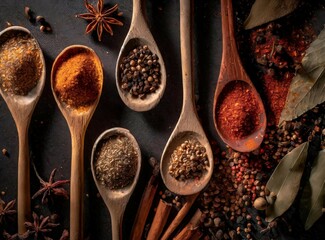 Wooden spoons with different spices isolated on black background - obrazy, fototapety, plakaty
