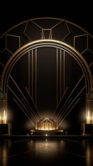 3D rendering of an Art Deco style stage with golden elements on a black background.