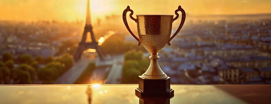Trophy Overlooking Parisian Sunset. An elegant trophy is displayed in the foreground with the iconic Eiffel Tower and cityscape bathed in the golden light of sunset.