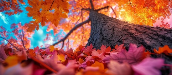 Enchanting autumn tree with vibrant and colorful leaves in the foreground