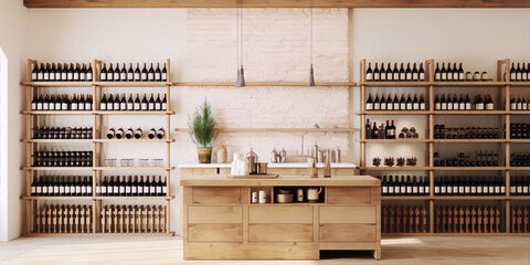 3D rendering of a modern wine shop interior with wooden shelves, brick walls, and a large wooden counter in the center.