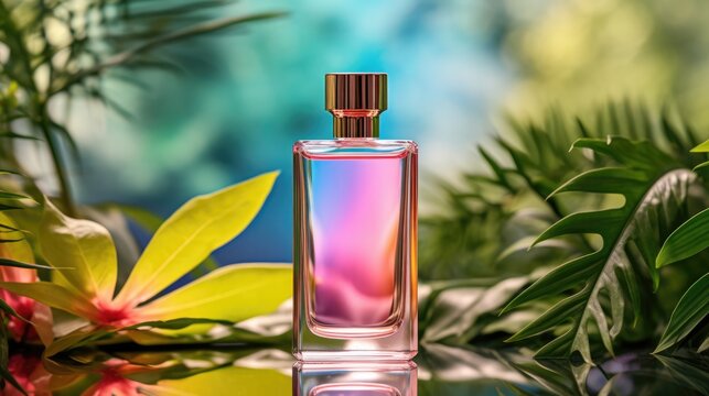 Transparent rainbow glass perfume bottle mockup with plants on background. Eau de toilette. Mockup, spring flat lay.