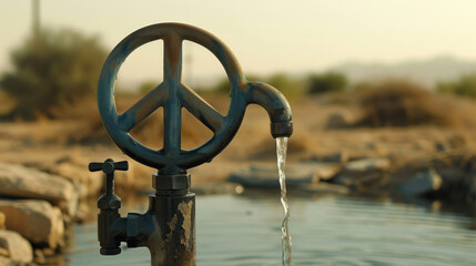 Wasserhahn in Form des Friedenssymbols (Peace-Zeichen). In Bezug zum Welttag des Wassers, der 2024 das Motto 