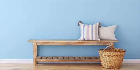 Blue wall and wooden bench with pillows and a wicker basket in 3D rendering