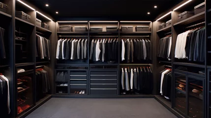Poster Luxury modern dark wood and marble walk-in closet design with suits and accessories © amiraaziadi