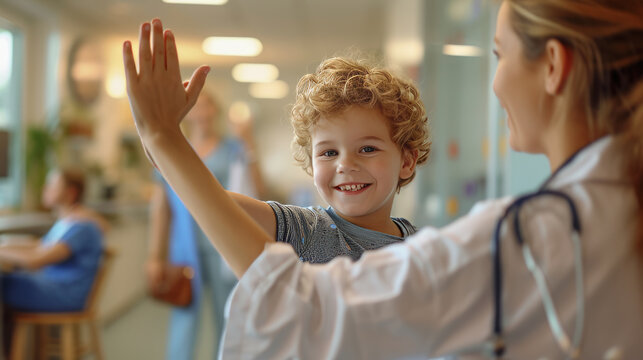 Friendly pediatrician giving high five to little patient