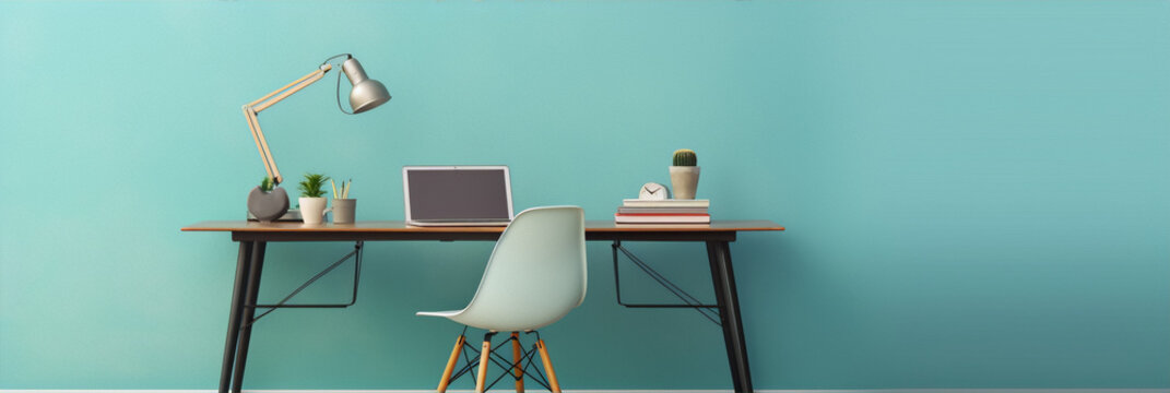 Home office desk with laptop, lamp, clock, cactus, books and supplies in front of blue wall background