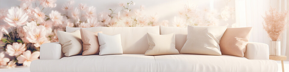 Bright living room with soft flowers. Blured white livingroom