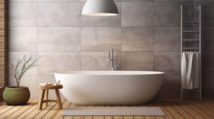 Fototapeta na wymiar Bathroom interior design with a modern freestanding bathtub, plants, and a wooden floor.