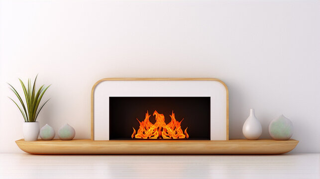 Fireplace with orange flame in a white room, 3d render.