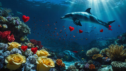Fototapeta na wymiar Beauty of the Sea: A Stunning Image of a Dolphin Swimming in the Ocean with Red Hearts and Flowers.