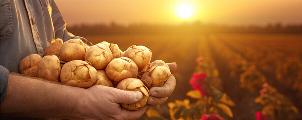 Fototapeta na wymiar Fresh potatoes in farmer hands in sunset light.