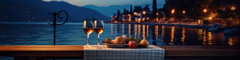Wine Glass on coast beach summer. vacation travel wide banner - obrazy, fototapety, plakaty