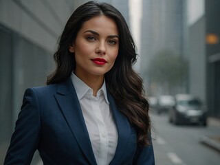 businesswoman standing by the street with blue suit 