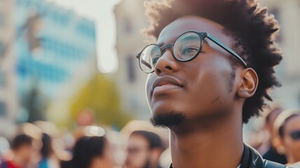 Young man in a crowd looking up, hopeful expression