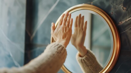 A person's hand touching a round mirror