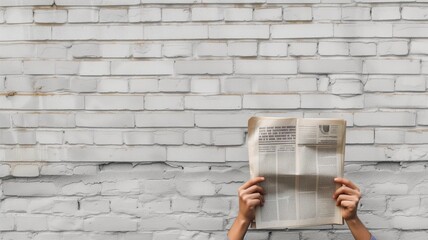 Hands holding a newspaper against a white brick wall