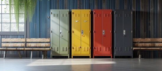 Interior of a school locker room with a row of lockers and a wooden bench