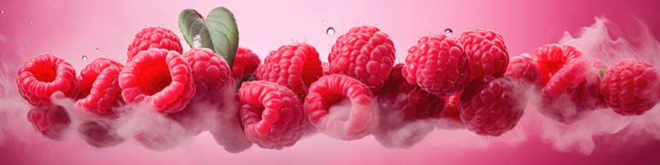 Fresh raspberries flying in the air with splashes in red pink color background. Raspberry concept.