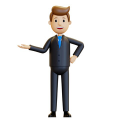 3d man. Businessman in a suit. An office worker offers his services. 3D rendering, illustration in cartoon style, isolated. A friendly company employee offers something.