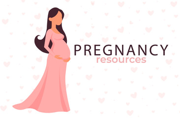 Happy pregnant woman in dress holding her belly. An active, well-prepared pregnant woman. Happy pregnancy. Flat style vector illustration.